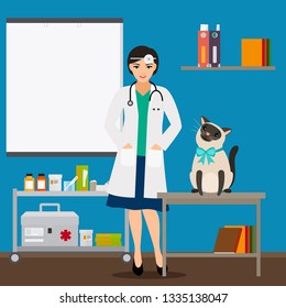 Veterinarian and cat in doctor office vector illustration. Medical veterinarian doctor, health care veterinary