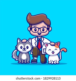 Veterinarian With Cat And Dog Cartoon Vector Icon Illustration. People Animal Icon Concept Isolated Premium Vector. Flat Cartoon Style