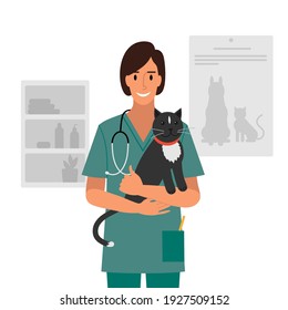 Veterinarian and cat in medical clinic concept. Vector illustration in flat style.