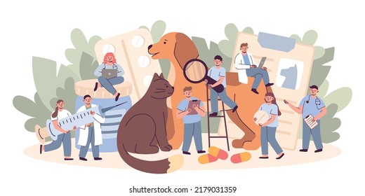 Veterinarian With Cat And Puppy. Vet Clinic For Pets. Tiny Doctors. Huge Domestic Animals. Treatment Hospital For Canine Or Feline Checkup. Medical Vaccination. Vector Illustration