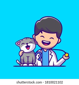 Veterinarian With Cat And Stethoscope Cartoon Vector Icon Illustration. People Profession Icon Concept Isolated Premium Vector. Flat Cartoon Style