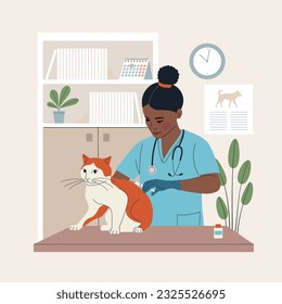 Tierarzt mit einer Katze im Veterinäramt. Tierimpfung Tierärztlicher Dienst. Vektorgrafik-Cartografik