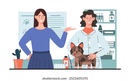 Veterinarian with cat. Woman with pet came to vet. Healthcare and medicine. Diagnosis and treatment. Care about domestic animals. Flat vector illustration isolated on white background