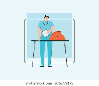 Veterinarian character. Rabbit on a examination table and a female doctor. Flat style vector illustration.