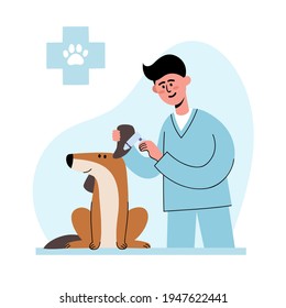 Veterinarian checking ear of dog isolated on vet hospital interior in flat style. Vector illustration of man vet holds dog on table