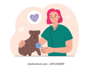 Veterinarian checkup hand drawn composition, vector illustration for vet clinic, female vet doctor using stethoscope, cute terrier dog on medical exam, pet health and care, colored clipart