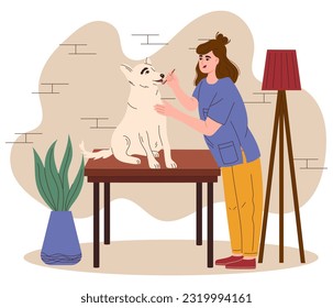 Veterinarian cleans the dog's teeth. Veterinary doctor appointment. Maintaining healthy dog teeth and gums. Gum disease prevention. Dog dental care concept. Vector illustration