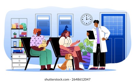 Veterinarian with clients. Man in medical uniform examining sick pets. Vet with cats and dogs. Healthcare and medicine. Treatment of domestic animals. Flat vector illustration
