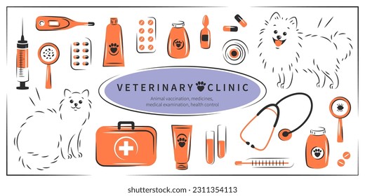 Veterinärklinik. Große Auswahl an Hilfsmitteln für Tierkliniken. Tierimpfung, Arzneimittel, medizinische Untersuchung, Gesundheitskontrolle, Behandlung. Vektorgrafik