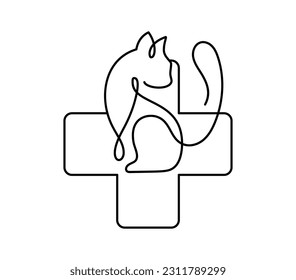 Veterinärklinik. Cat und Cross-Monoline Logo, Vektorsymbol. Tierkrankenhaus. Behandlung von Hunden oder Katzen. Kitty und Welpe auf Veterinärrezeption. Tierarzneimittel