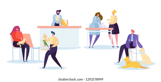 Veterinarian Clinic Character Wait at Reception. Vet Doctor Treat Sick Cat and Dog at Hospital Lab Room. Medical Treatment Veterinary Table. Pet Healthcare Concept Flat Cartoon Vector Illustration