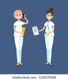Veterinarian clinic doctor and receptionist worker vector. Medical working people, woman nurse talking on phone with patients discussing appointment