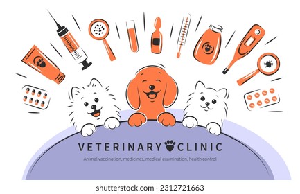Veterinarian clinic or hospital for animals. Animal vaccination, medicines, medical examination, health control. Treatment of cats and dogs. Vector illustration