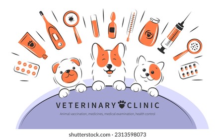 Veterinarian clinic or hospital for animals. Animal vaccination, medicines, medical examination, health control. Treatment of cats and dogs. Vector illustration