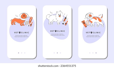 Veterinarian clinic or hospital for animals. Animal vaccination, medicines, medical examination, health control. Treatment of cats and dogs. Vector illustration