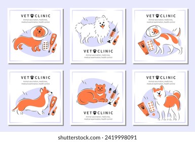 Veterinarian clinic or hospital for animals. Animal vaccination, medicines, medical examination, health control. Treatment of cats and dogs. Vector illustration