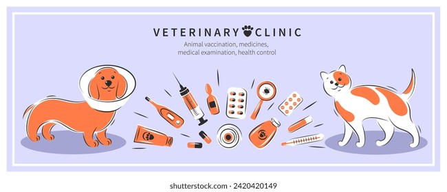 Clínica o hospital veterinario para animales. Vacunación animal, medicamentos, examen médico, control de salud. Tratamiento de gatos y perros. Ilustración del vector