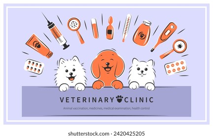 Clínica o hospital veterinario para animales. Vacunación animal, medicamentos, examen médico, control de salud. Tratamiento de gatos y perros. Ilustración del vector