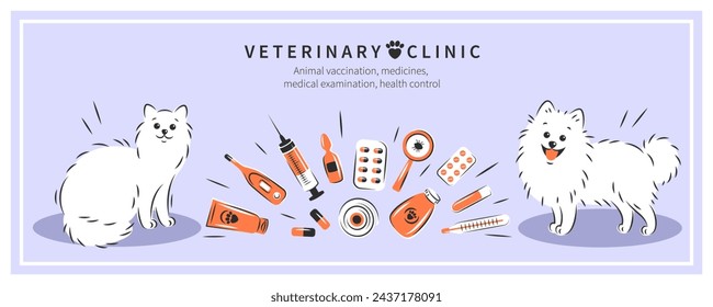 Veterinarian clinic or hospital for animals. Animal vaccination, medicines, medical examination, health control. Treatment of cats and dogs. Vector illustration