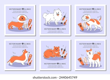 Veterinarian clinic or hospital for animals. Animal vaccination, medicines, medical examination, health control. Treatment of cats and dogs. Vector illustration