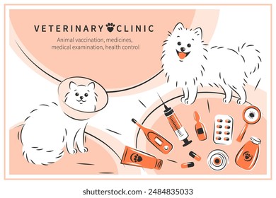 Veterinarian clinic or hospital for animals. Animal vaccination, medicines, medical examination, health control. Treatment of cats and dogs. Vector illustration