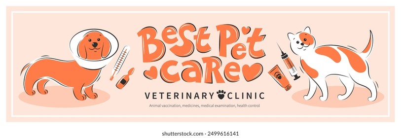 Veterinarian clinic or hospital for animals. Animal vaccination, medicines, medical examination, health control. Treatment of cats and dogs. Vector illustration