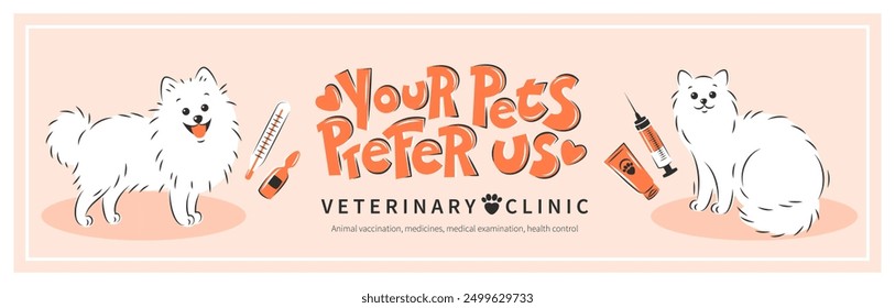 Veterinarian clinic or hospital for animals. Animal vaccination, medicines, medical examination, health control. Treatment of cats and dogs. Vector illustration