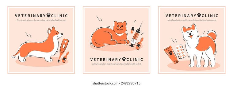 Clínica veterinaria u hospital para animales. Tratamiento de gatos y perros. Vacunación animal, medicamentos, examen médico, control de salud. Ilustración vectorial
