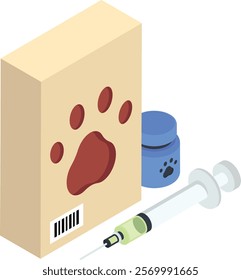 Veterinarian clinic isometric flat concept, Pet Medicine and vial vector color icon design, Pet and Vet symbol, Animal Shelter sign, four legged friends stock illustration