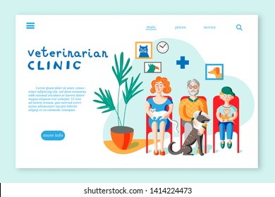 Veterinarian clinic landing page layout. People with pets in vet clinic flat illustration. Woman holding cat, senior man with injured dog, boy with rat sitting in hospital waiting room.