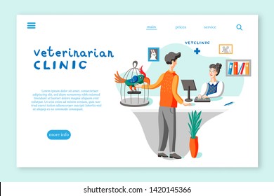 Veterinarian clinic landing page layout. Man with parrot at vet clinic flat illustration. Female administrator, assistant at receptionist desk vector character. Cartoon veterinary hospital manager.