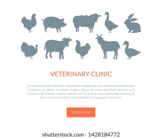 Veterinarian Clinic Landing Page Template, Farm Animals, Turkey, Cow, Rabbit, Goat, Goose, Chicken Vector Illustration