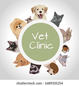 Veterinarian clinic round logotype, pet shop, various domestic animals frame realistic flat vector illustration.