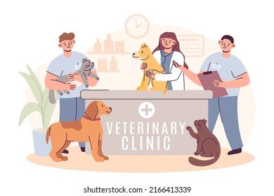 Veterinarian clinic. Vet hospital for animals. Dogs or cats treatment. Kitty and puppy on veterinary reception desk. Medicine for pets. Doctor examining fluffy patients. Vector background