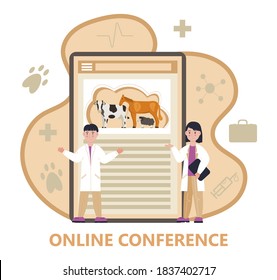 Veterinarian concept vector. Animal doctors diagnosing diseases of horse, sheep and cow. Pet health care for website. Veterinary physician treatment illness creatures.