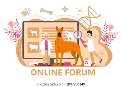 Veterinarian concept vector. Animal doctors diagnosing diseases of cat, dog. Pet health care for website. Veterinary physician treatment illness creatures and professional online forum.