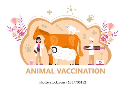 Veterinarian concept vector. Animal doctors diagnosing diseases of horse, sheep, cat and make vaccination. Pet health care for website. Veterinary physician treatment illness creatures.