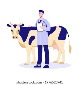 Veterinarian with a cow. Health check. Preparing for vaccination. Vector illustration in flat cartoon style. Isolated on a white background.