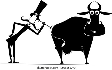 Veterinarian and cow illustration. Funny long mustache man in the top hat is examining a smiling cow by endoscope black on white
