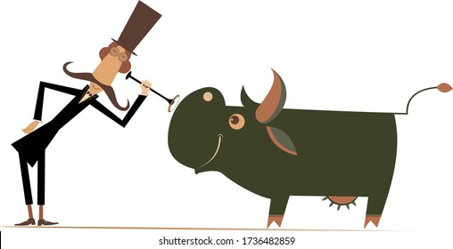 Veterinarian and cow illustration. Funny long mustache man in the top hat is examining a smiling cow by endoscope isolated on white
