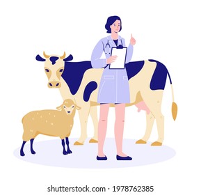 Veterinarian with a cow and sheep. Health check. Preparing for vaccination. Vector illustration in flat cartoon style. Isolated on a white background.