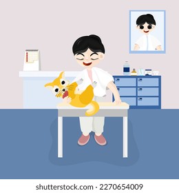The veterinarian is diagnosing the dog's disease.