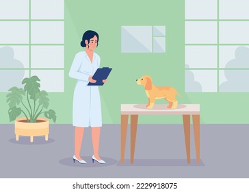 Veterinarian doc examining dog flat color vector illustration. Medical help for animals. Vet healthcare service. Fully editable 2D simple cartoon character with hospital ward on background