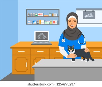 Veterinarian doctor arab woman holds cat on examination table in vet clinic. Vector cartoon illustration. Pets health care background. Domestic animals treatment concept. Veterinary professional