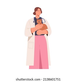 Veterinarian doctor with cat patient in hands. Happy woman vet holding pet. Smiling female veterinary professional with feline animal in arms. Flat vector illustration isolated on white background