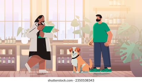 veterinarian doctor checking up dog health medicine animal health care examination in modern veterinary medical center concept