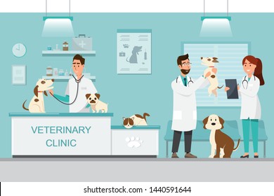 Veterinarian and doctor with dog and cat on counter in vet clinic. Vector illustration flat cartoon