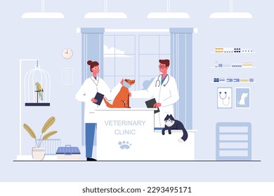 Tierarzt und Arzt mit Hund und Katze auf Theke in Tierklinik. Vektorgrafik-Flachkartographie