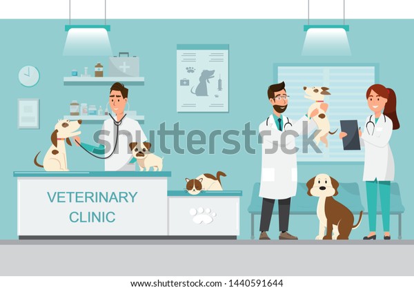 Veterinarian and doctor with\
dog and cat on counter in vet clinic. Vector illustration flat\
cartoon