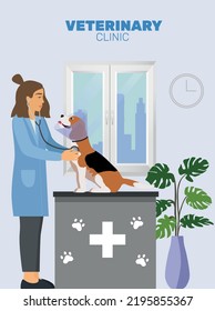 Veterinarian and doctor with dog on counter in vet clinic. Vector illustration flat cartoon. Veterinary Clinic Doctor Examining, Vaccination and Health care for Pets Dogs. Healthy happy dog. Beagle